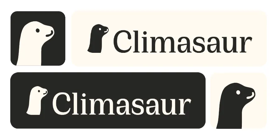 The Climasaur logomark and logotype in light and dark lockups, with Dino the brontosaurus set against a modified Cirka wordmark.