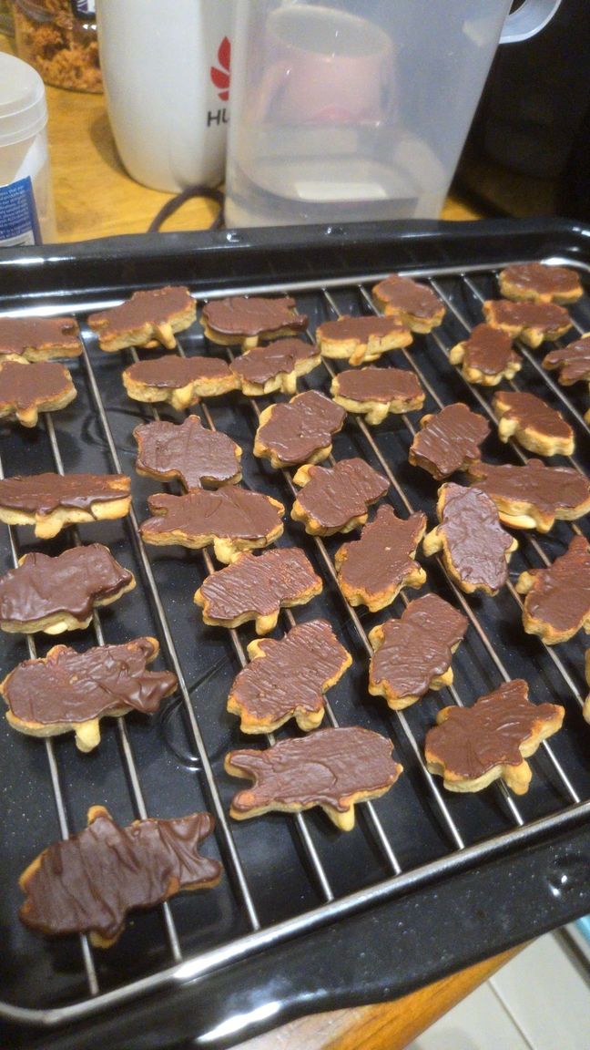 Bear and rabbit cookies flipped over, with a layer of chocolate on the back.