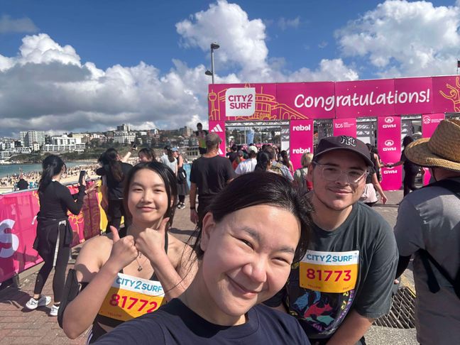 Wing, Joanna and Zach at the end of city2surf 2024