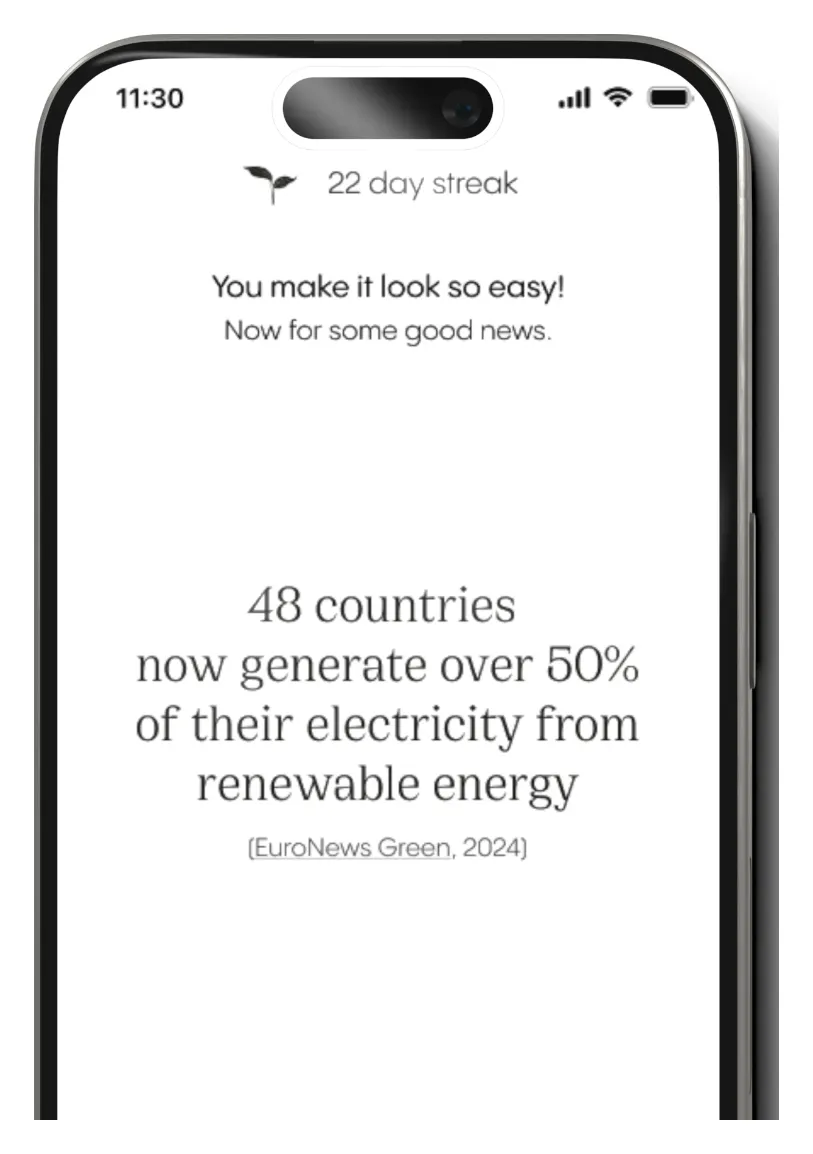 Phone showing the daily good news card: 48 countries now generate over 50% of their electricity from renewable energy.