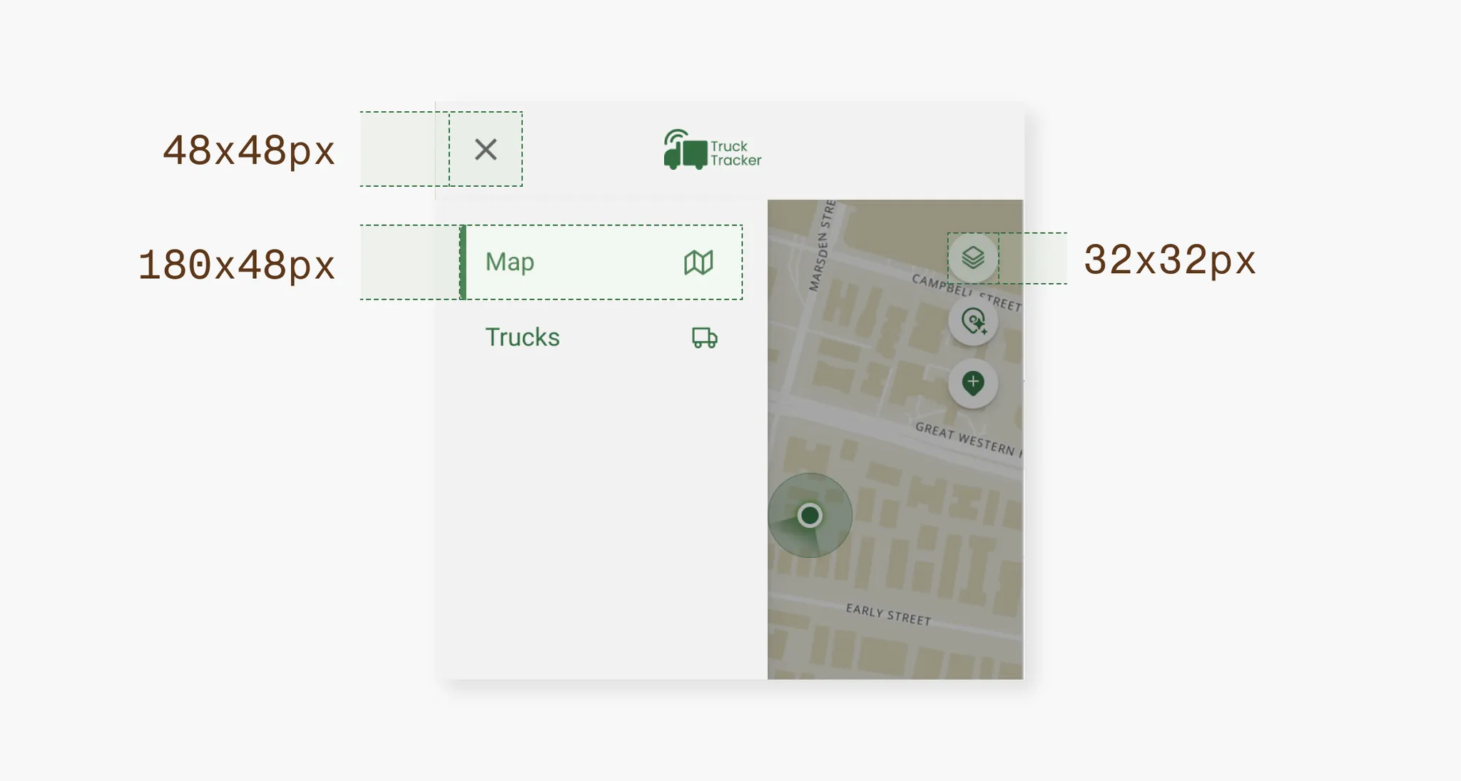 The minimum touch target used in the Truck Tracker app, with the smaller interactive component being 32x32px. Navigation list items are designed to be full-width with a height of 48px for ease of use.