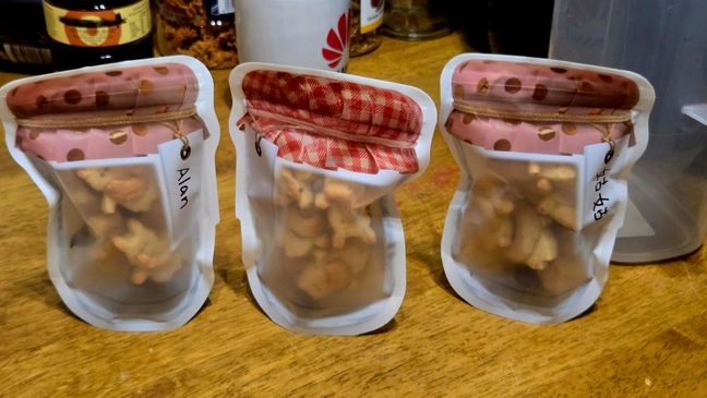 Cookies in a jar-shaped zip-lock bag.