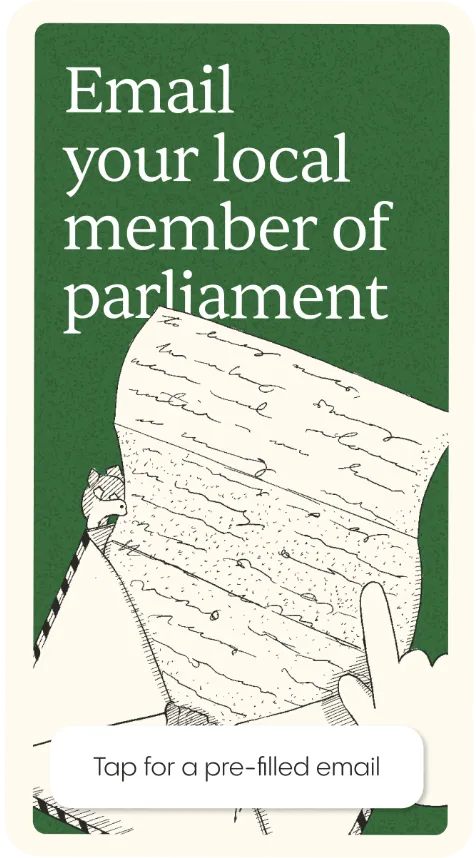 A green Climasaur card reading 'Email your local member of parliament', with a 'Tap for a pre-filled email' action at the bottom.