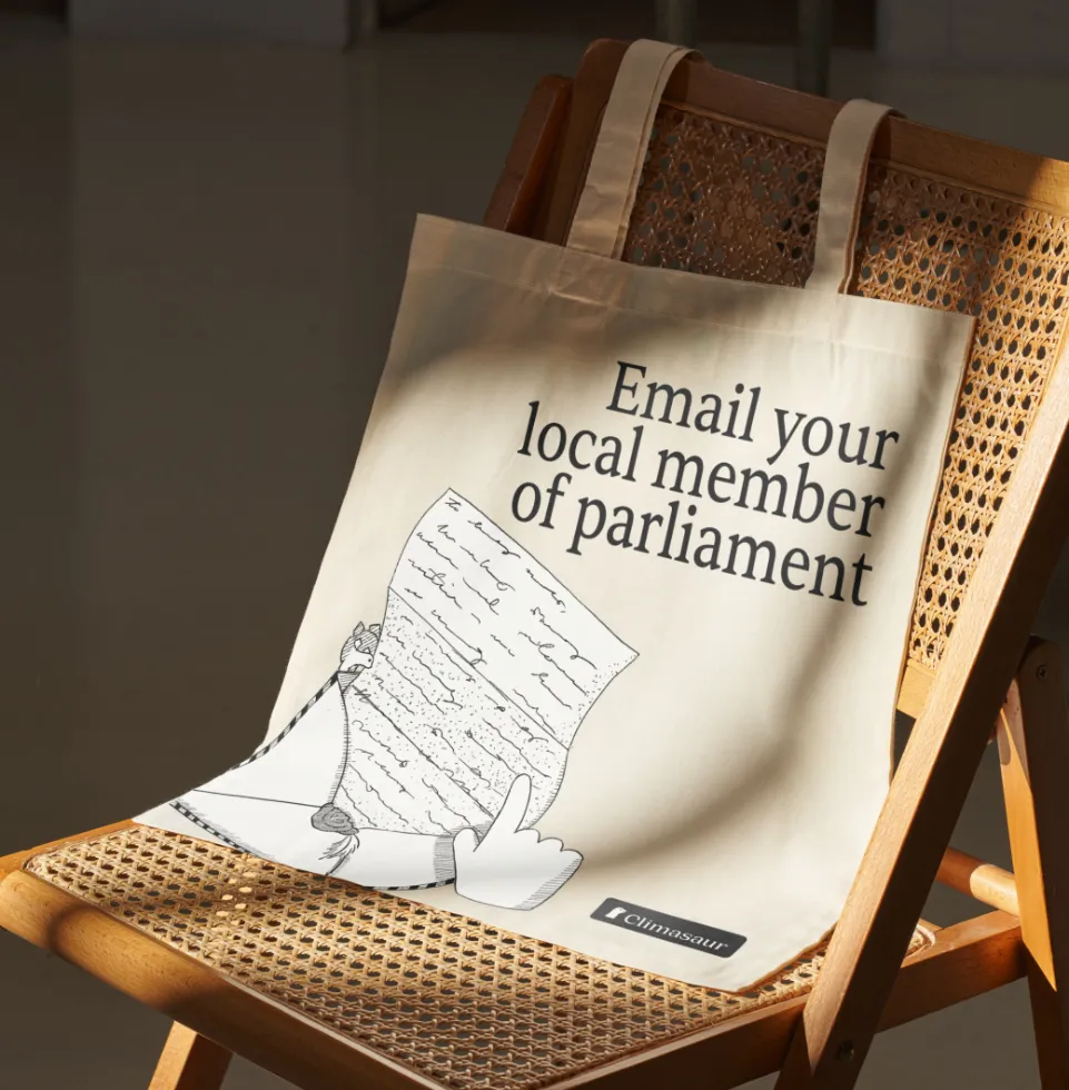 Someone carrying a tote bag printed with the 'Enrol in an ethical superannuation' golden egg illustration.