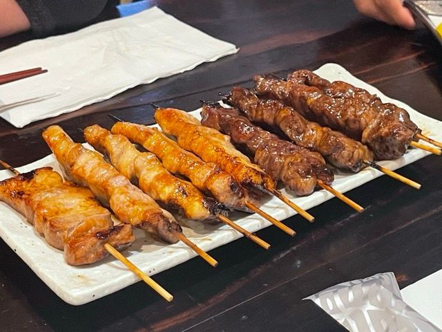 Photo of an assortment of Japanese skewers.